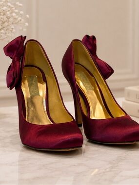 Badgley Mischka Satin Bow Pumps - Burgundy